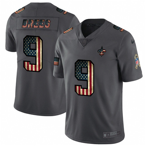 Men's New Orleans Saints #9 Drew Brees Grey 2019 Salute To Service USA Flag Fashion Limited Stitched NFL Jersey